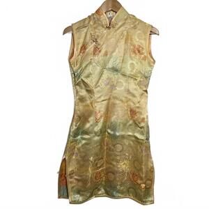Vintage Silk Chinese Traditional Dress Small Gold Cheongsam Sheath Mini
